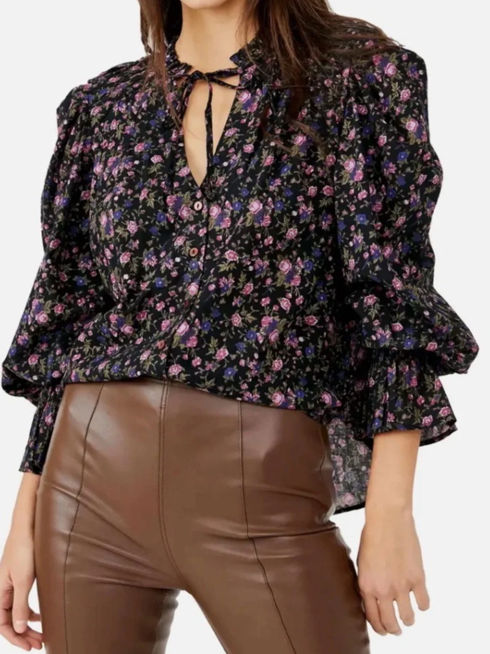 Free People Floral Ruffle Neck Long-Sleeve Blouse - Black with Purple Floral